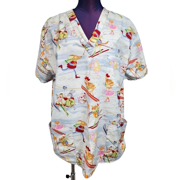 Peaches Uniforms Winter Ski & Ice Skating Print Medical Scrub‎ Top 2XL Unisex - Picture 1 of 6
